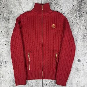 Lauren Ralph Lauren Sweater Womens Large Red Cable Knit Full Zip Mock Neck